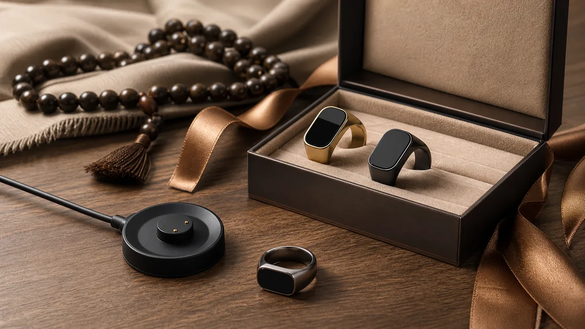 Dhikr rings in an elegant gift box beside a magnetic charger and misbaha beads
