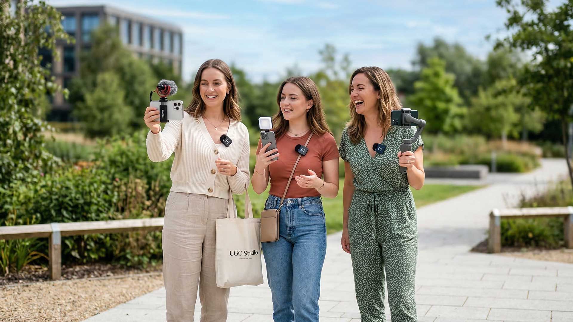 UGC creators recording video content with smartphones, representing AI generated UGC and digital creator workflows