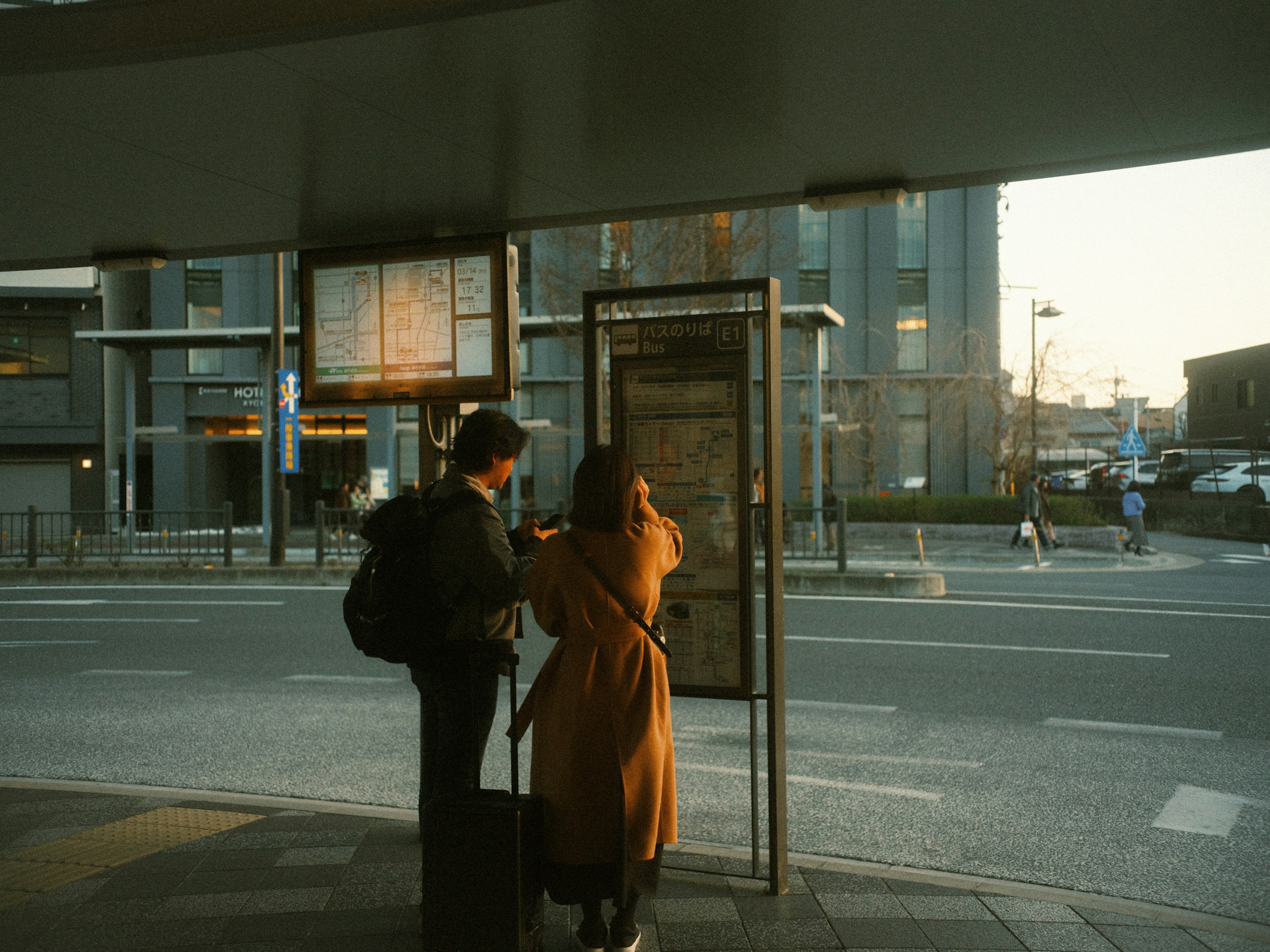 Tourist couple in a bus station