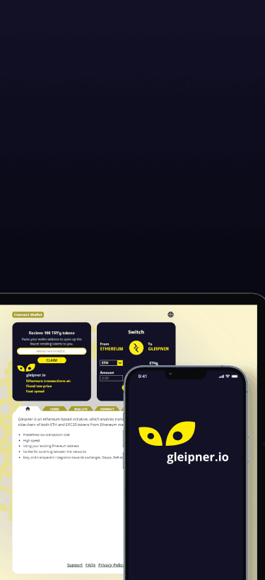 Mobile view of GLEIPNER platform showcasing user-friendly dashboard for fast and low-cost Ethereum transactions