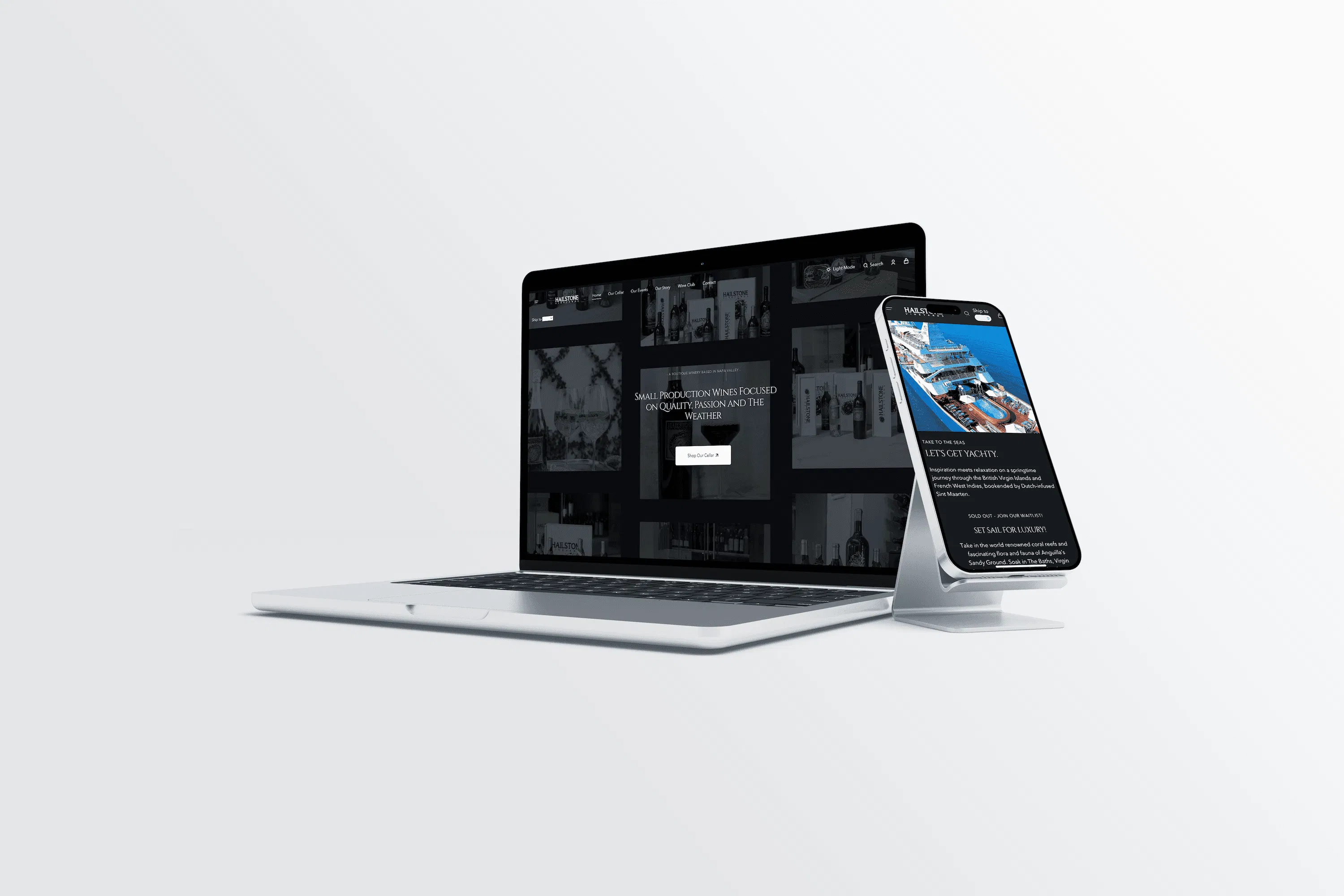 A responsive website mockup on a laptop and smartphone, highlighting the importance of seamless multi-device experiences in the AEO era.