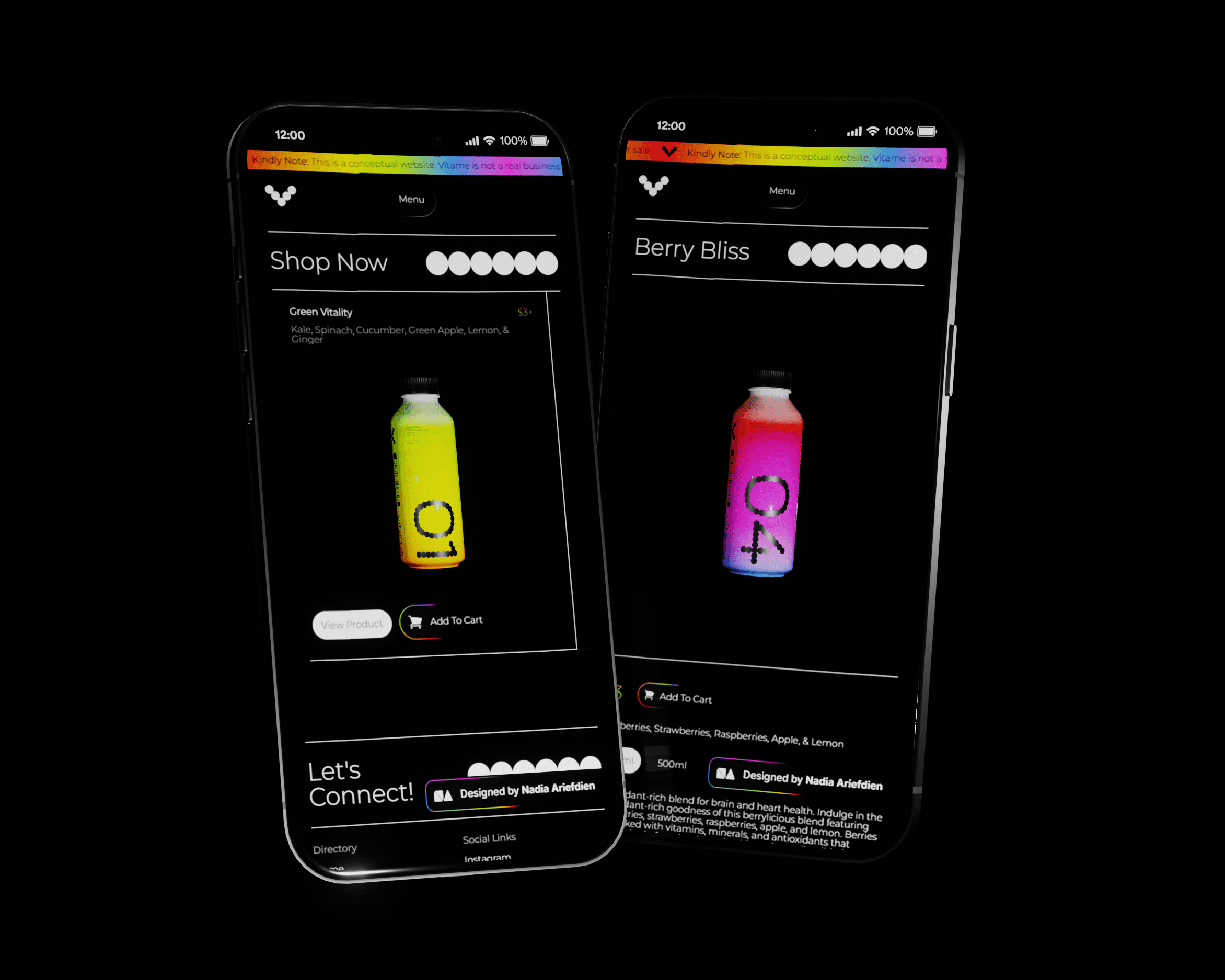 Two iPhone screens showing different product pages from the Vitame website. Each page features a title at the top of the screen with an image of the product below it. The iphones are featured in front of a solid black background.