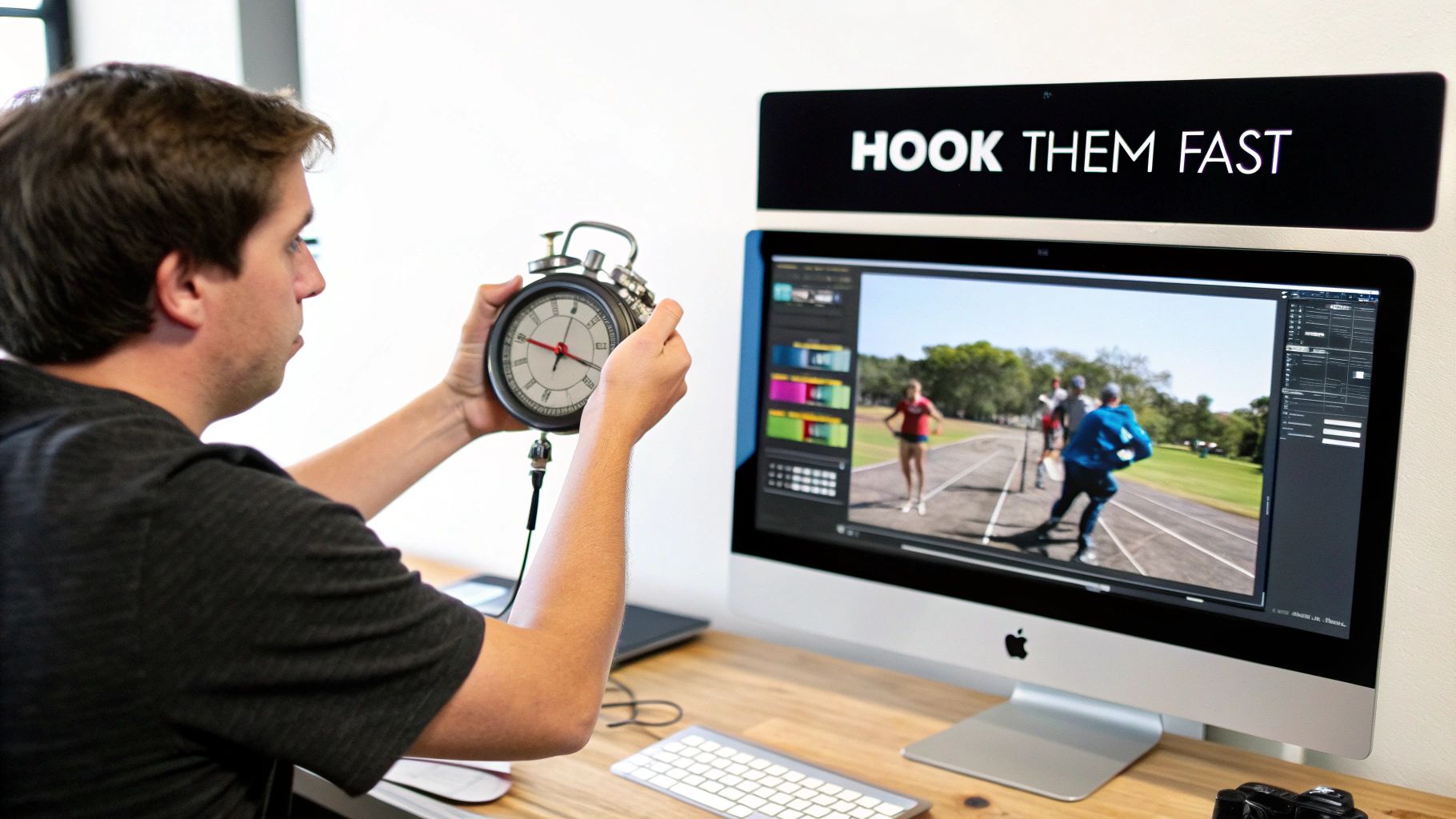 A man holds a stopwatch while editing a running video on an Apple iMac, focused on quick engagement.