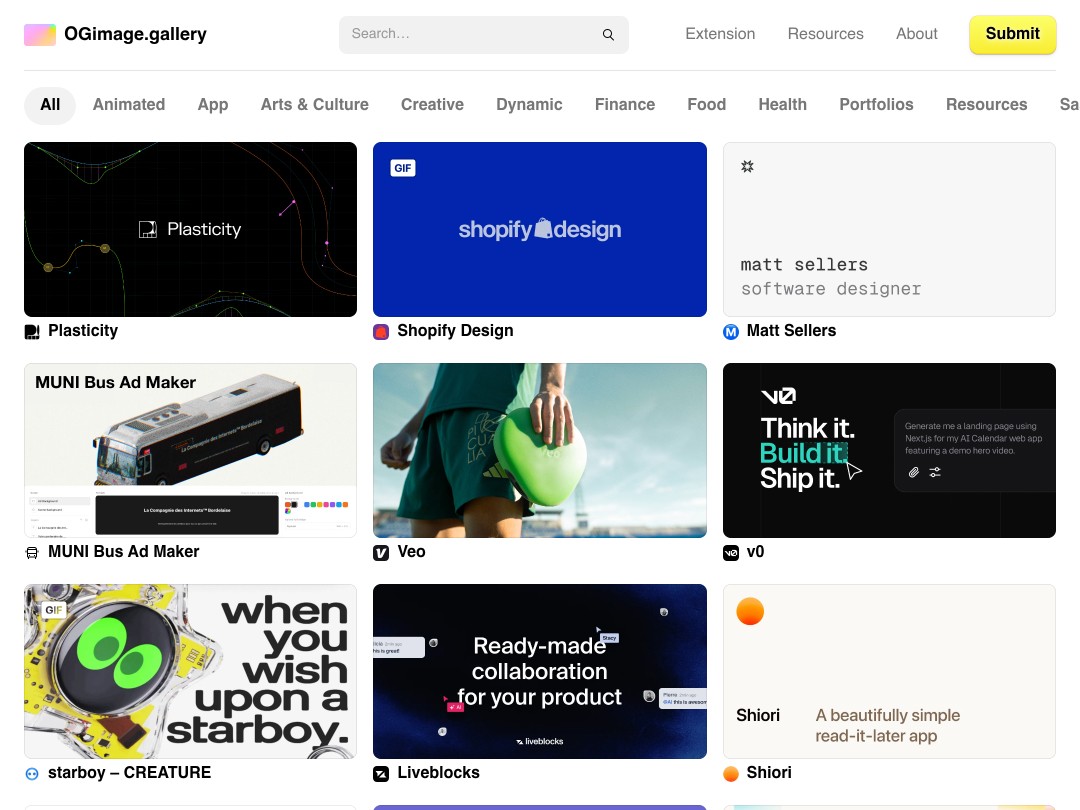 Grid of design project thumbnails on a creative gallery webpage.