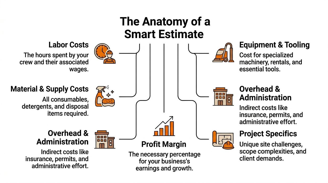 An infographic titled The Anatomy of a Smart Estimate, displaying key cost factors for business service pricing.