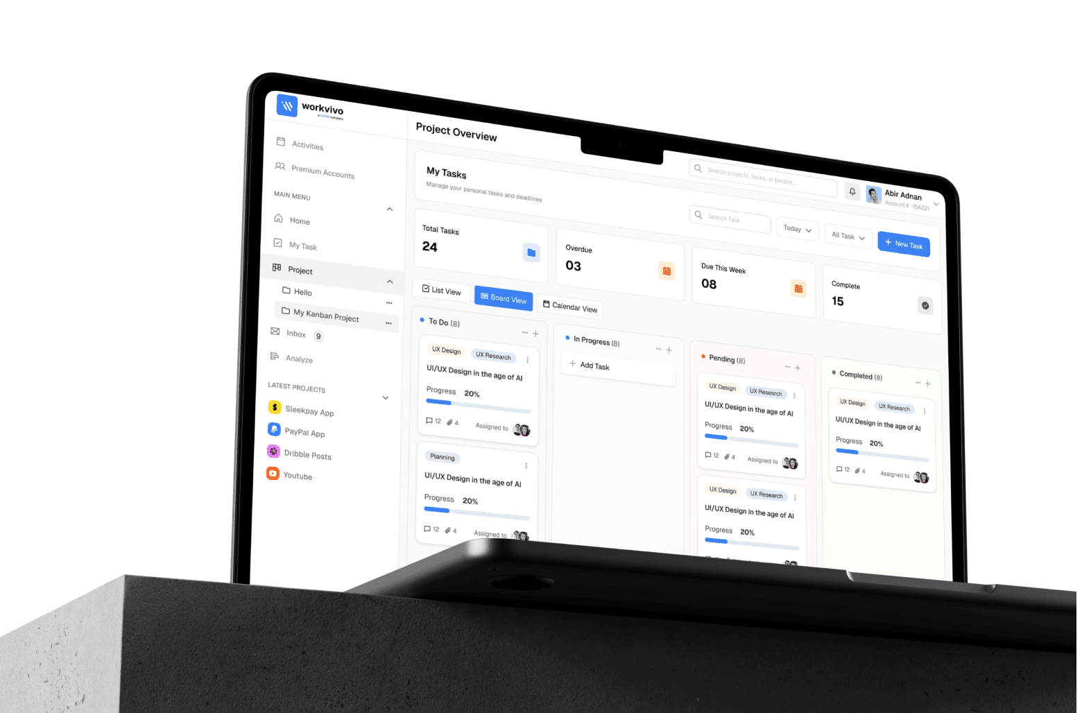 Project management dashboard showing tasks, progress, and board view on tablet.