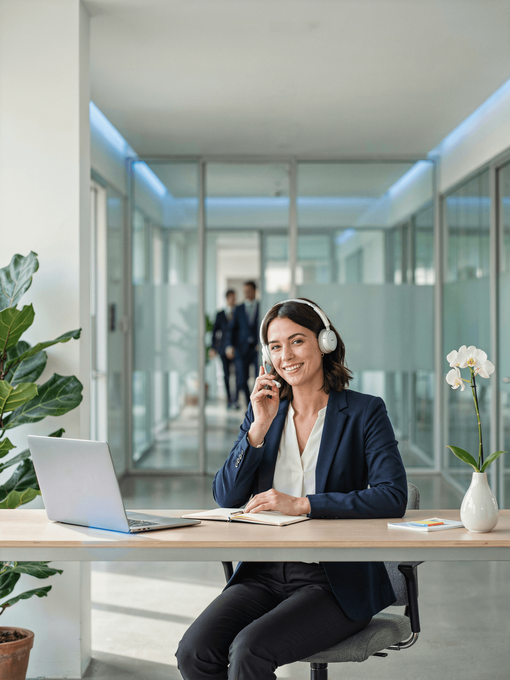 Réceptionniste au casque assurant un accueil téléphonique personnalisé