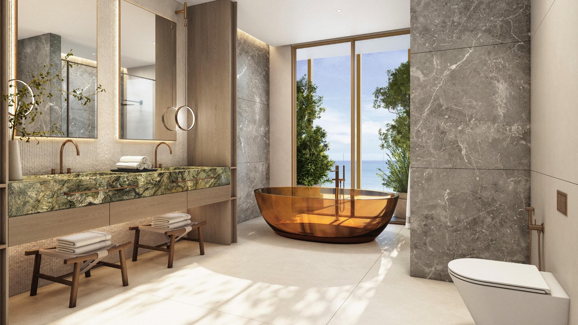  A spacious bathroom featuring a large tub and an expansive mirror, designed with a modern aesthetic.