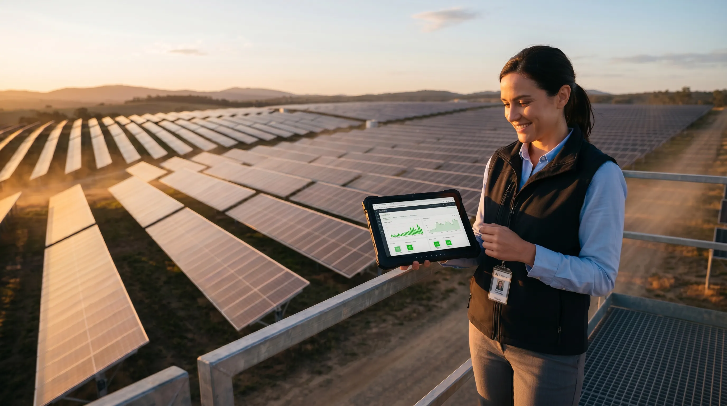Engineer in safety gear standing beside solar panels at sunset on a solar farm site.