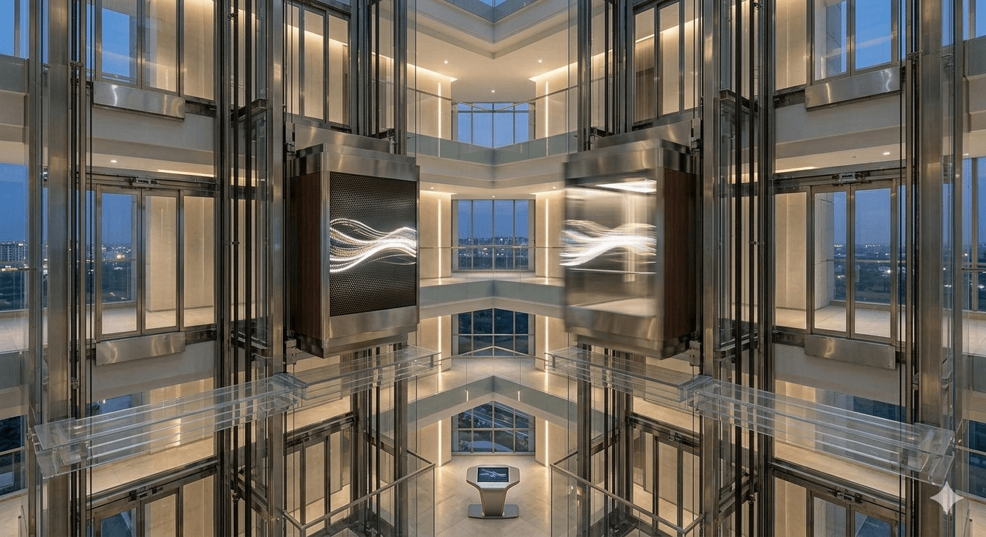 Modern high-speed glass elevators with futuristic lighting in a luxury high-rise lobby in Sector 75A.