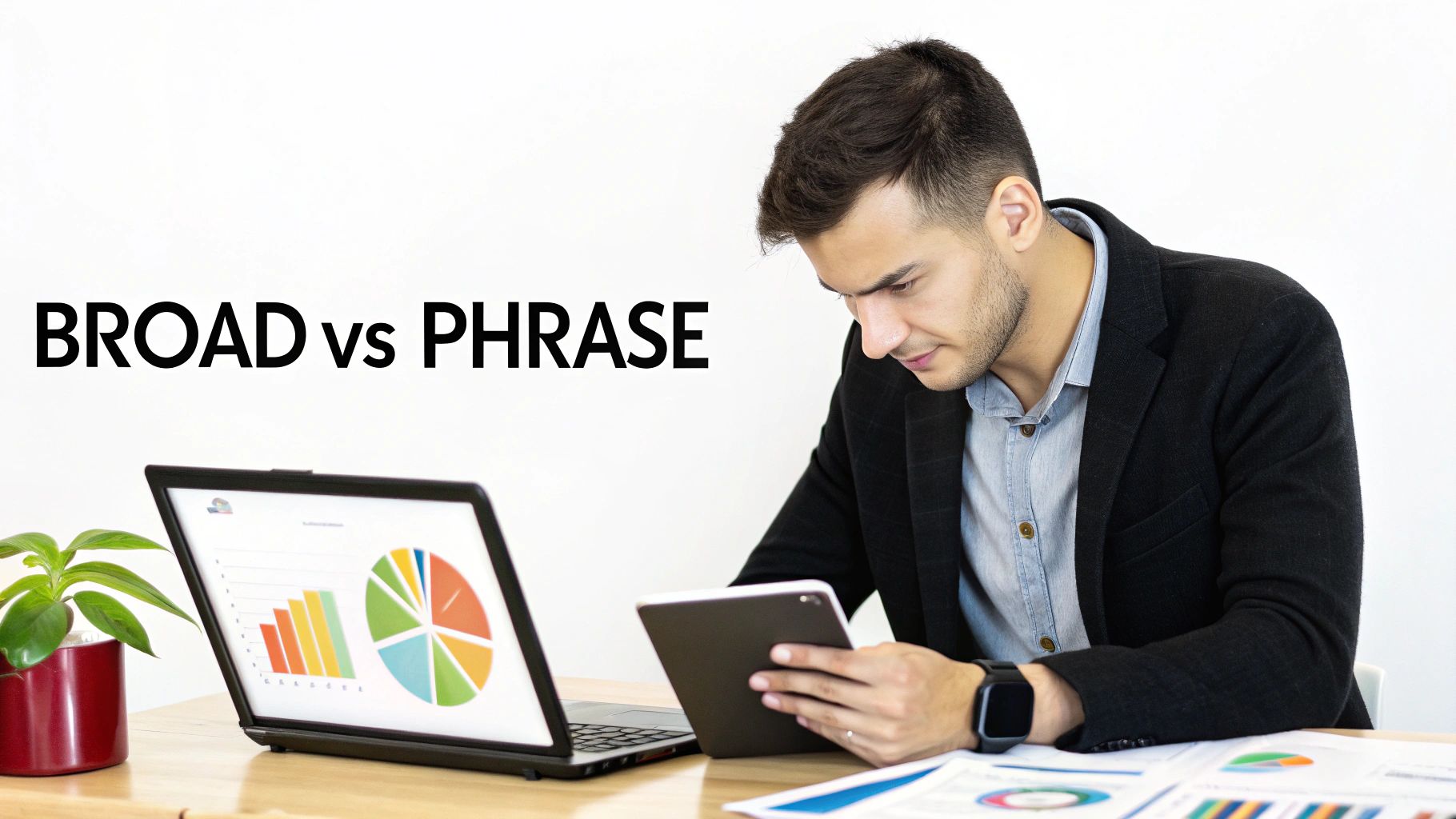 A man in a suit looks at a tablet, with a laptop displaying