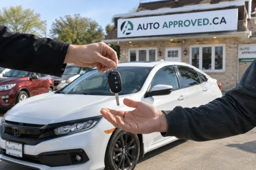 Auto Approved staff handing car keys to a customer outside the Winnipeg dealership
