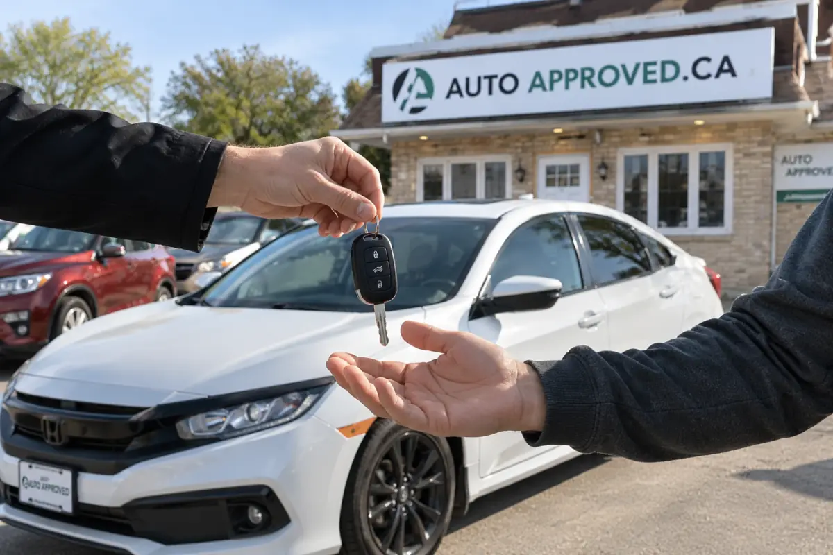 Auto Approved staff handing car keys to a customer outside the Winnipeg dealership