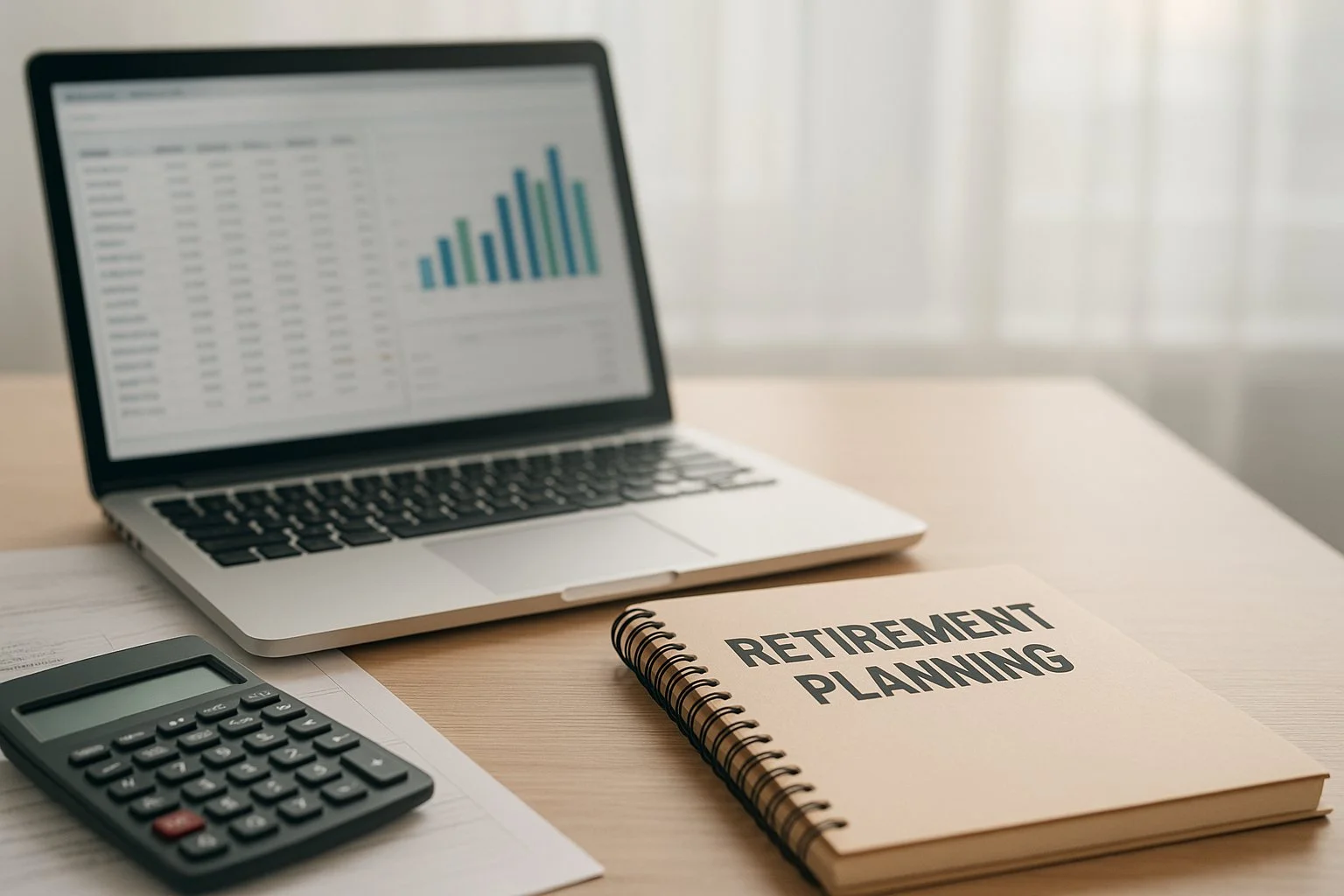 Modern small business office desk with a laptop showing financial spreadsheets, a calculator, and a retirement planning notebook.
