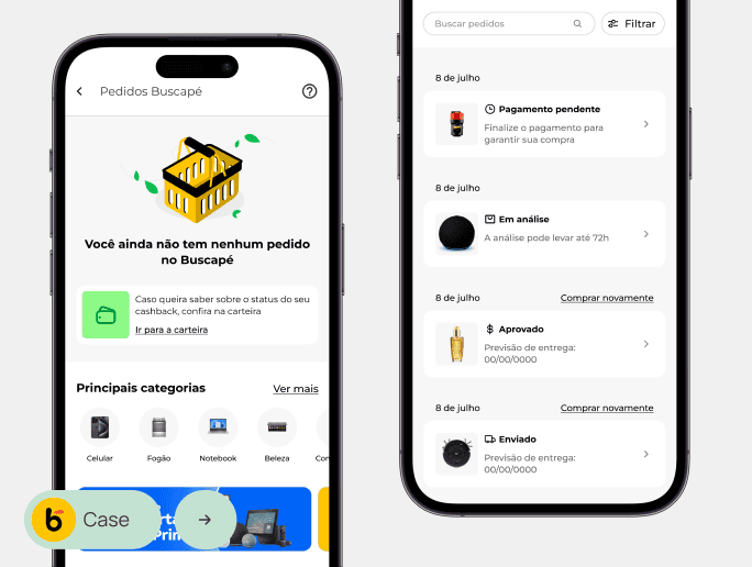 Visão geral da experiência do usuário na área de 'Meus Pedidos' do aplicativo Buscapé. As telas exibem o histórico de compras, status dos pedidos, detalhes dos produtos e outras informações relevantes para o usuário.