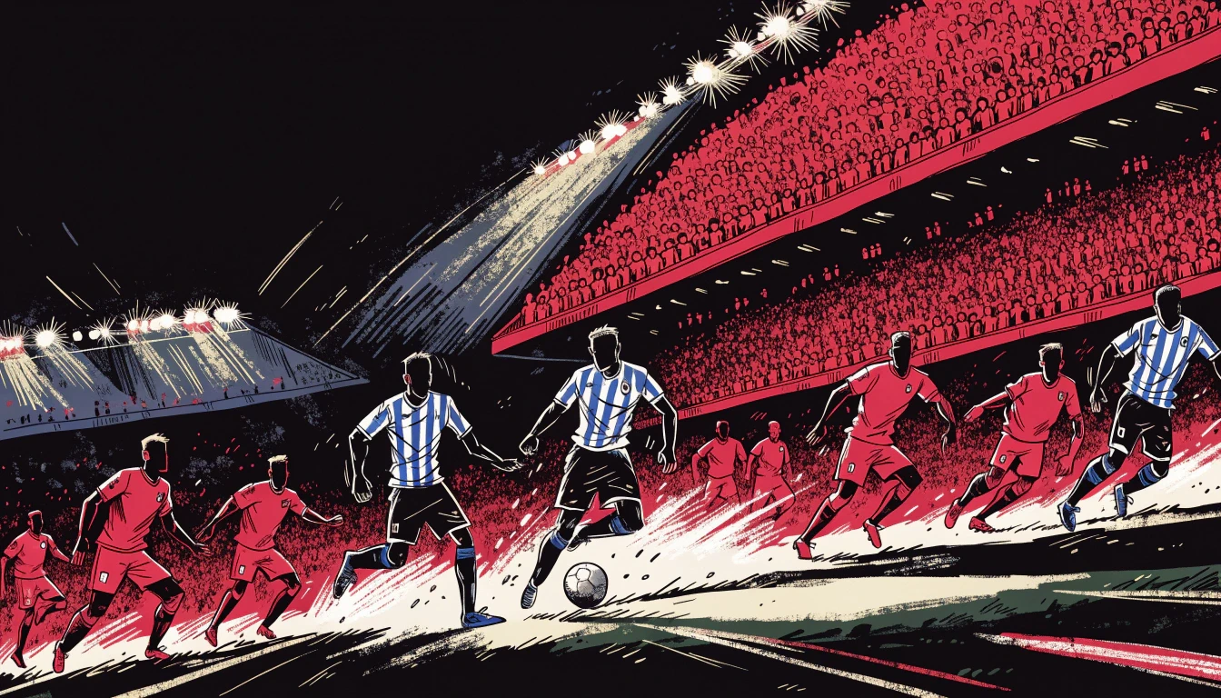 Illustration of attackers in blue-and-white striped kits breaking forward with the ball at defenders in red kits, in front of a packed red stand under the floodlights