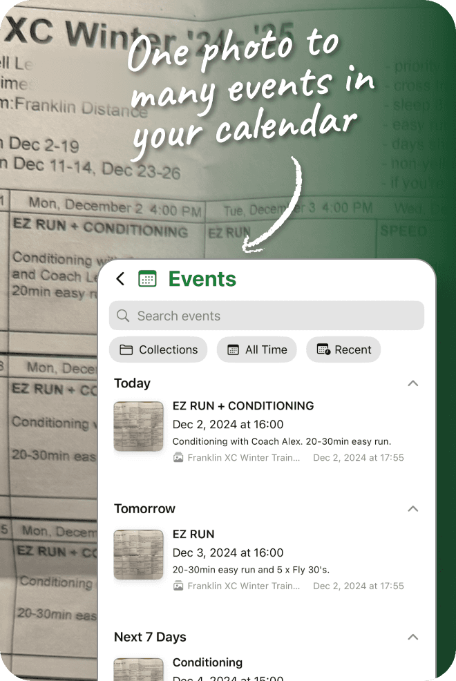 An example use showing a paper schedule with many events, the app has captured the events to an event view with search and filter options. The headline is 'One photo to many events in your calendar'.