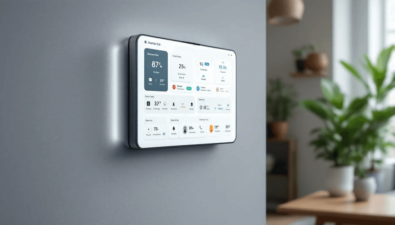A modern smart home hub features a sleek touchscreen interface displaying various controls for smart home devices, including smart lighting systems, smart thermostats, and security systems, allowing users to easily manage their smart home technology with voice commands or direct touch. The hub serves as the central point for monitoring and controlling household smart devices, enhancing home automation and connectivity.