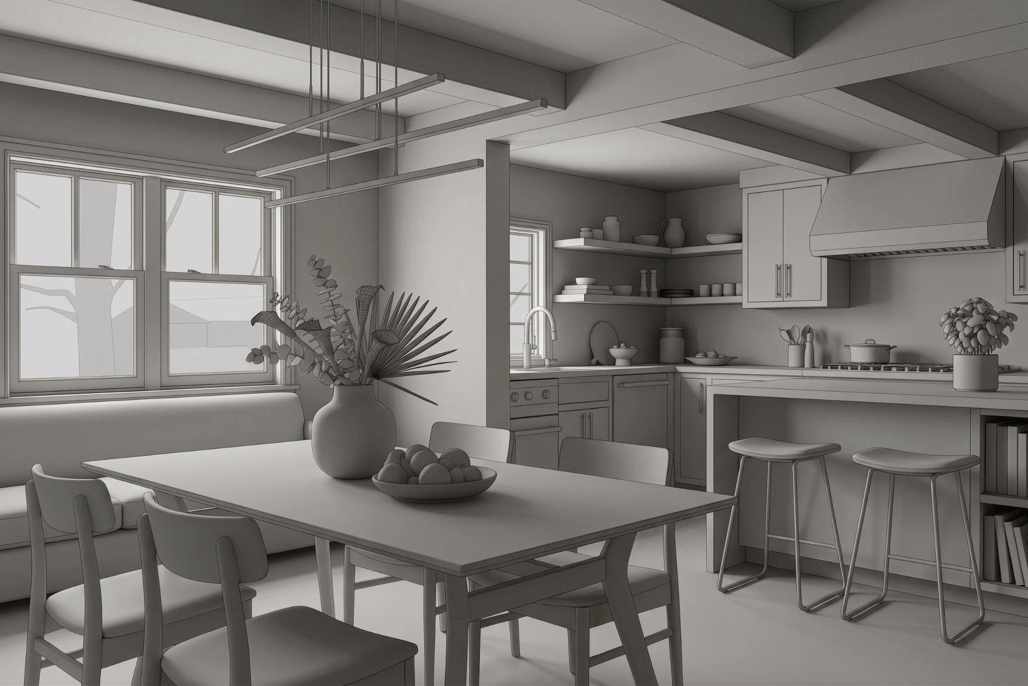 Une salle à manger et une cuisine à aire ouverte au design moderne et chaleureux. Au premier plan, une table en bois massif est entourée de chaises de style "milieu du siècle" en bois et cuir brun. Sur la table reposent un grand vase en verre fumé contenant des lys calla et un bol d'agrumes. Le plafond est orné de poutres en bois apparentes et d'un luminaire linéaire doré. En arrière-plan, une cuisine lumineuse avec des meubles blancs, un îlot en bois avec des tabourets noirs, un plan de travail en marbre et des étagères ouvertes. Une grande fenêtre laisse entrer une lumière naturelle douce.