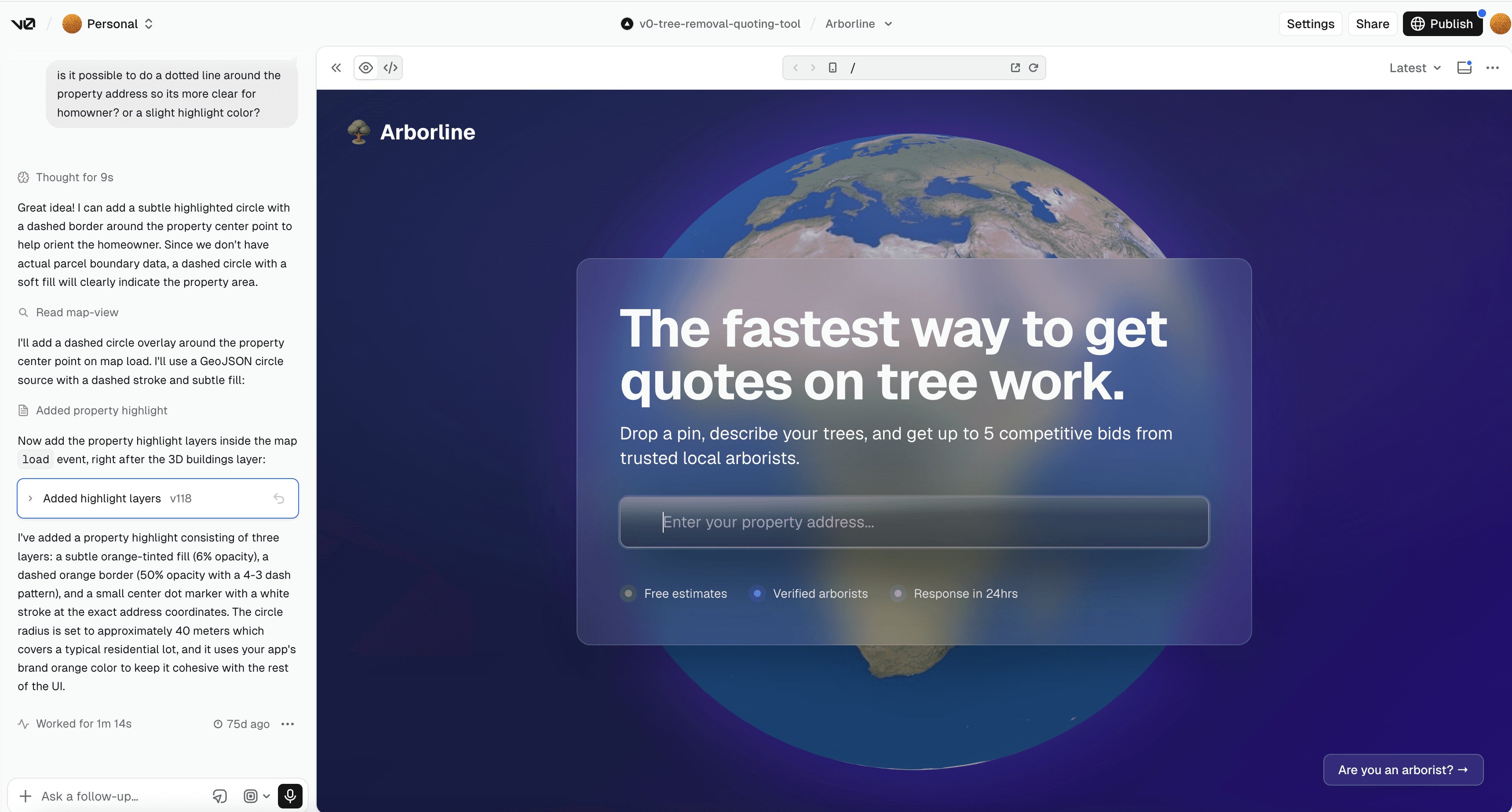 Arborline AI-assisted build process interface