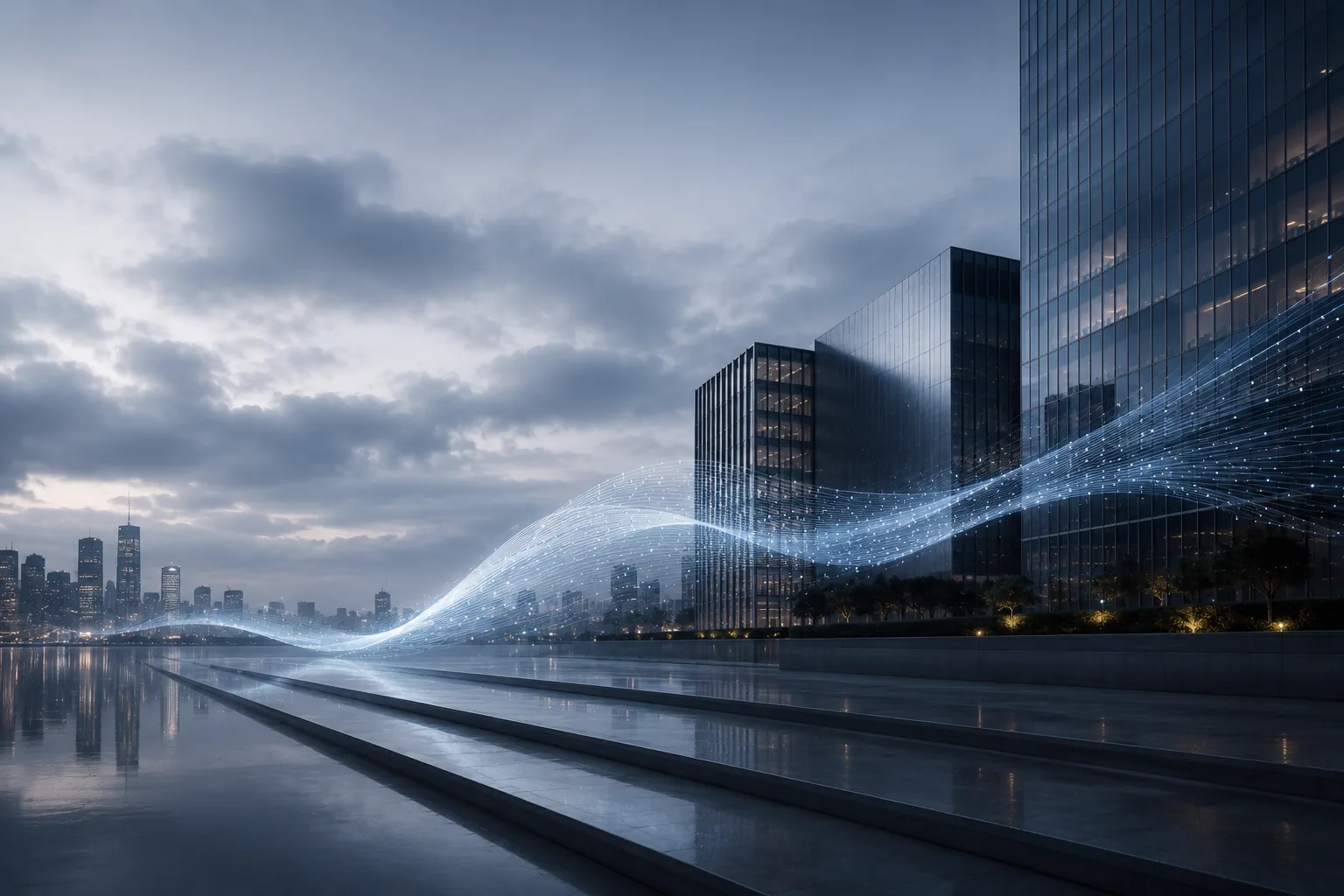 Corporate campus connected by an abstract stream of data