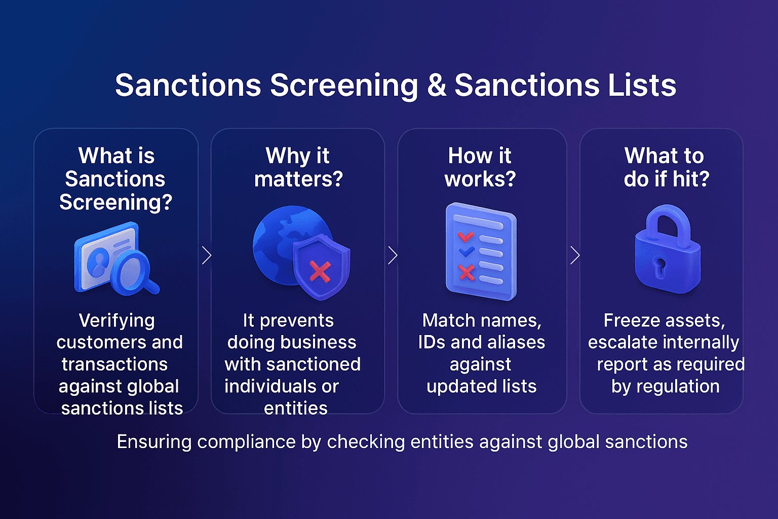 Infographic showing the key steps in sanctions screening, why it matters, how it works and actions to take when a hit occurs.