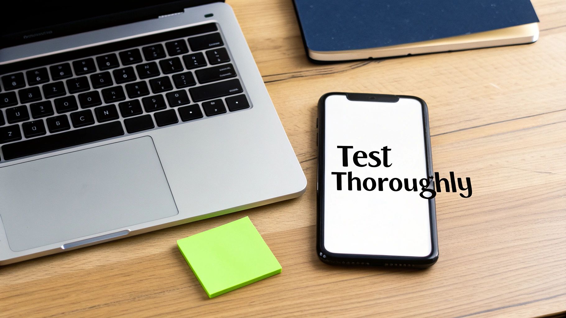 A silver laptop, a smartphone displaying 'Test Thoroughly', a green sticky note, and a blue notebook on a wooden desk.