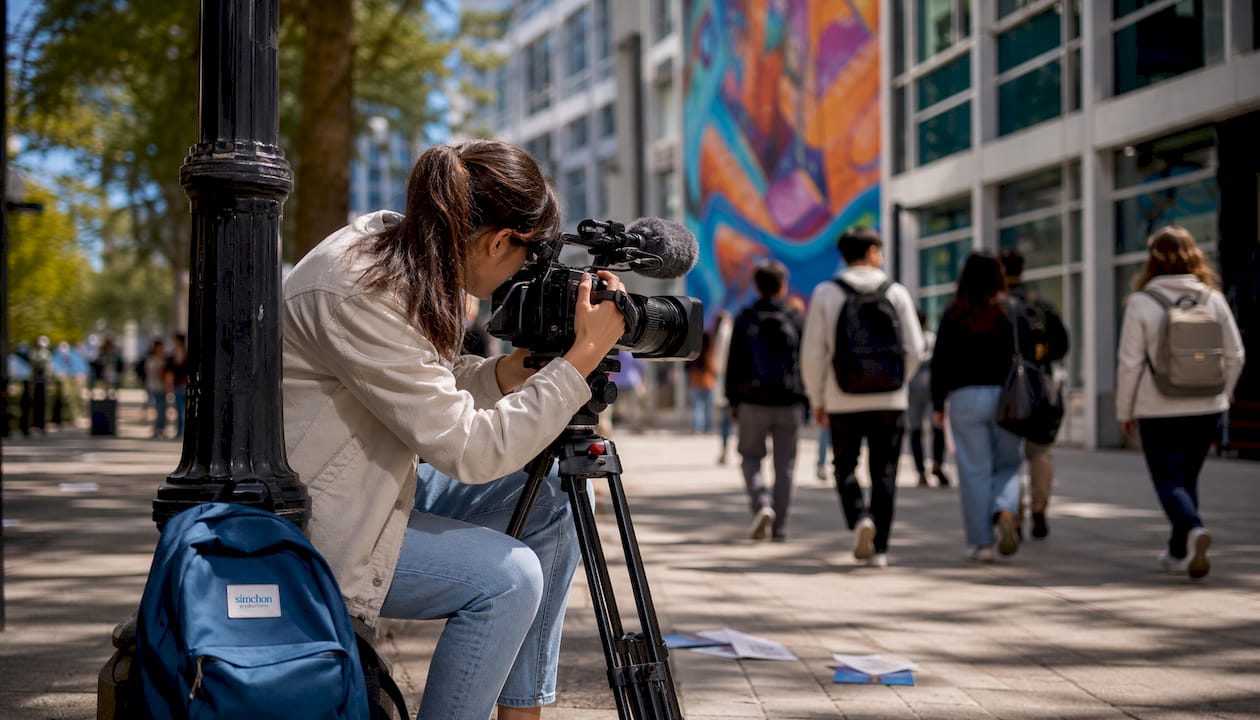 Student filming video tour of school campus