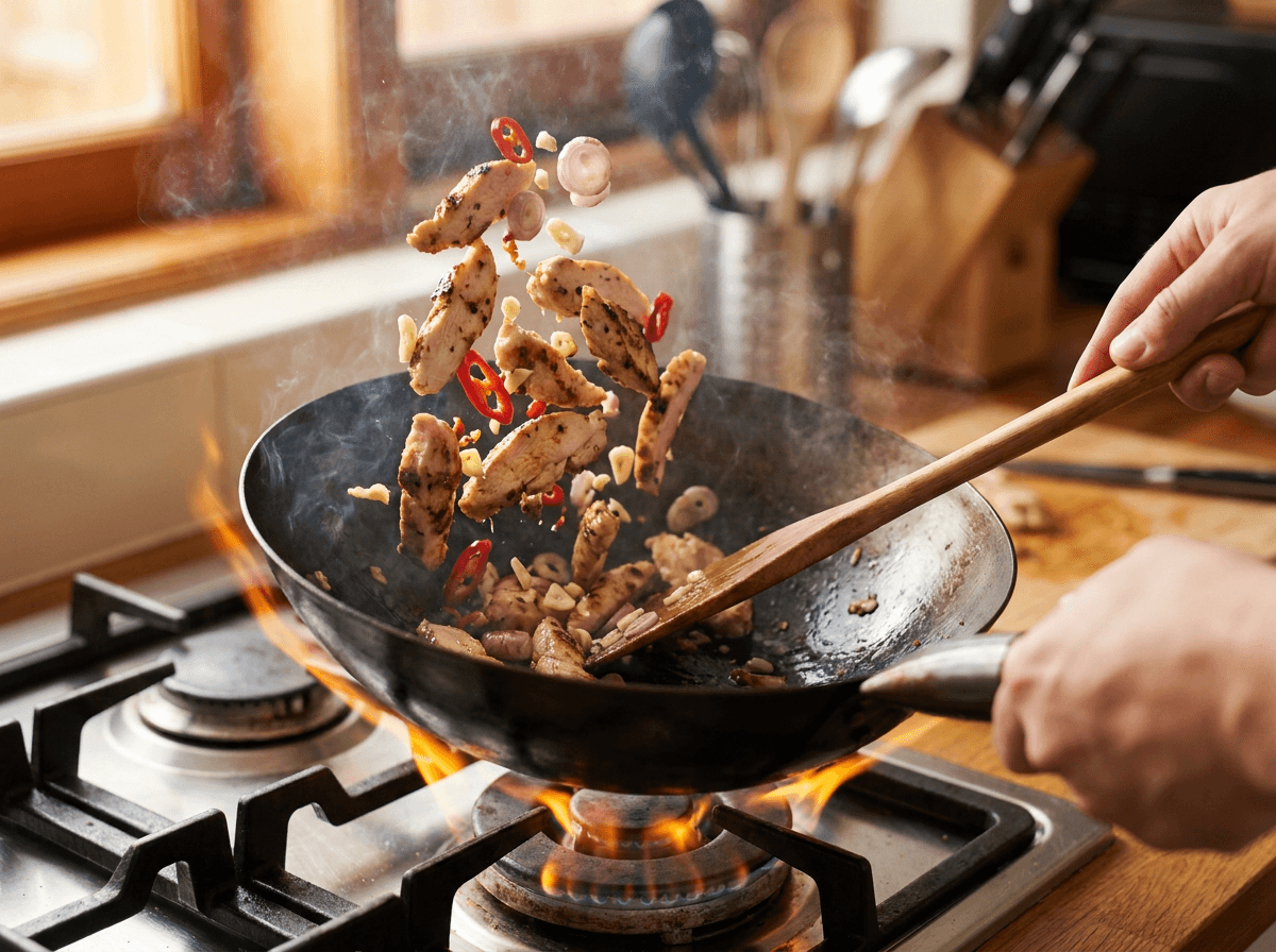 Chicken and aromatics stir-fried in a hot wok for Thai Basil Fried Rice