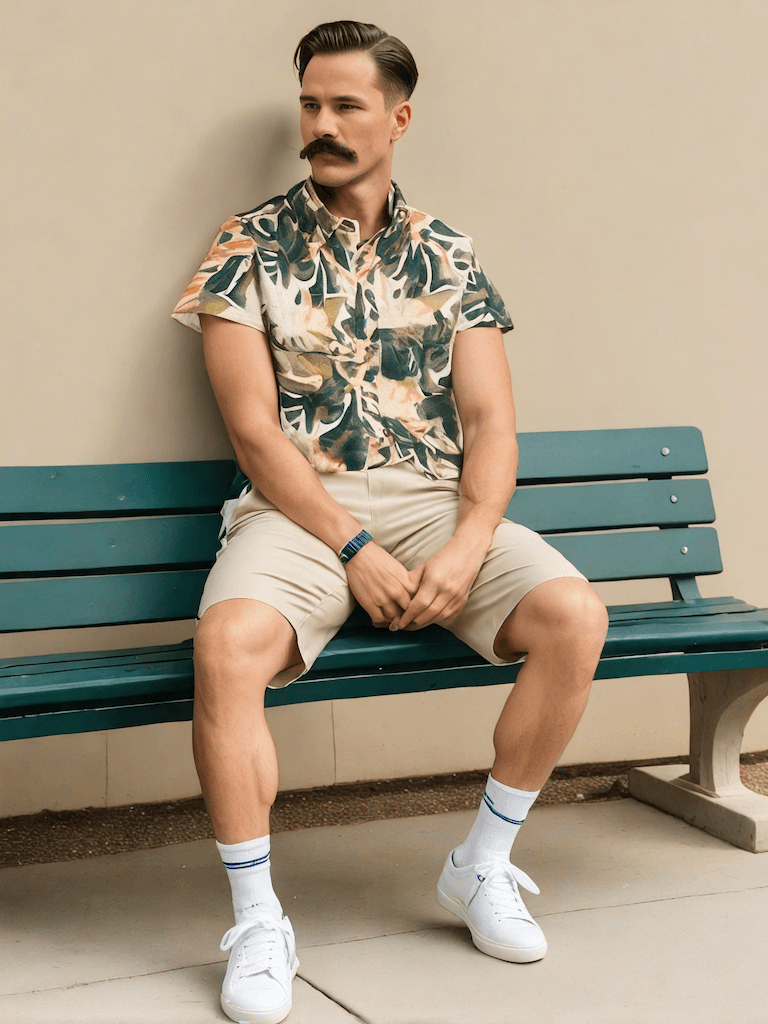 AI generated man with a mustache sitting on a bench