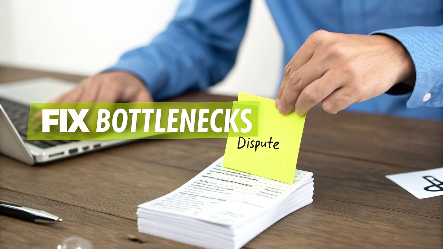 Professional placing yellow dispute note on stack of documents to resolve payment bottlenecks