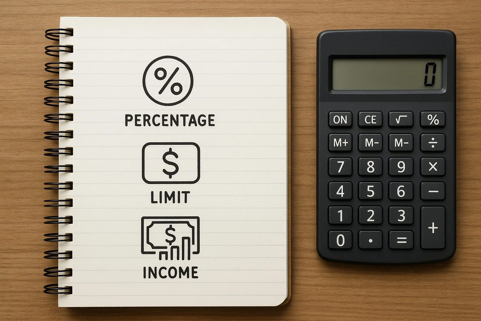  Notebook page with simple stroked icons for percentage, dollar limit, and income, next to a calculator representing compensation calculation.