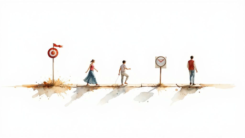 Three minimalist figures on a watercolor path, moving past a target and a clock, symbolizing a journey.