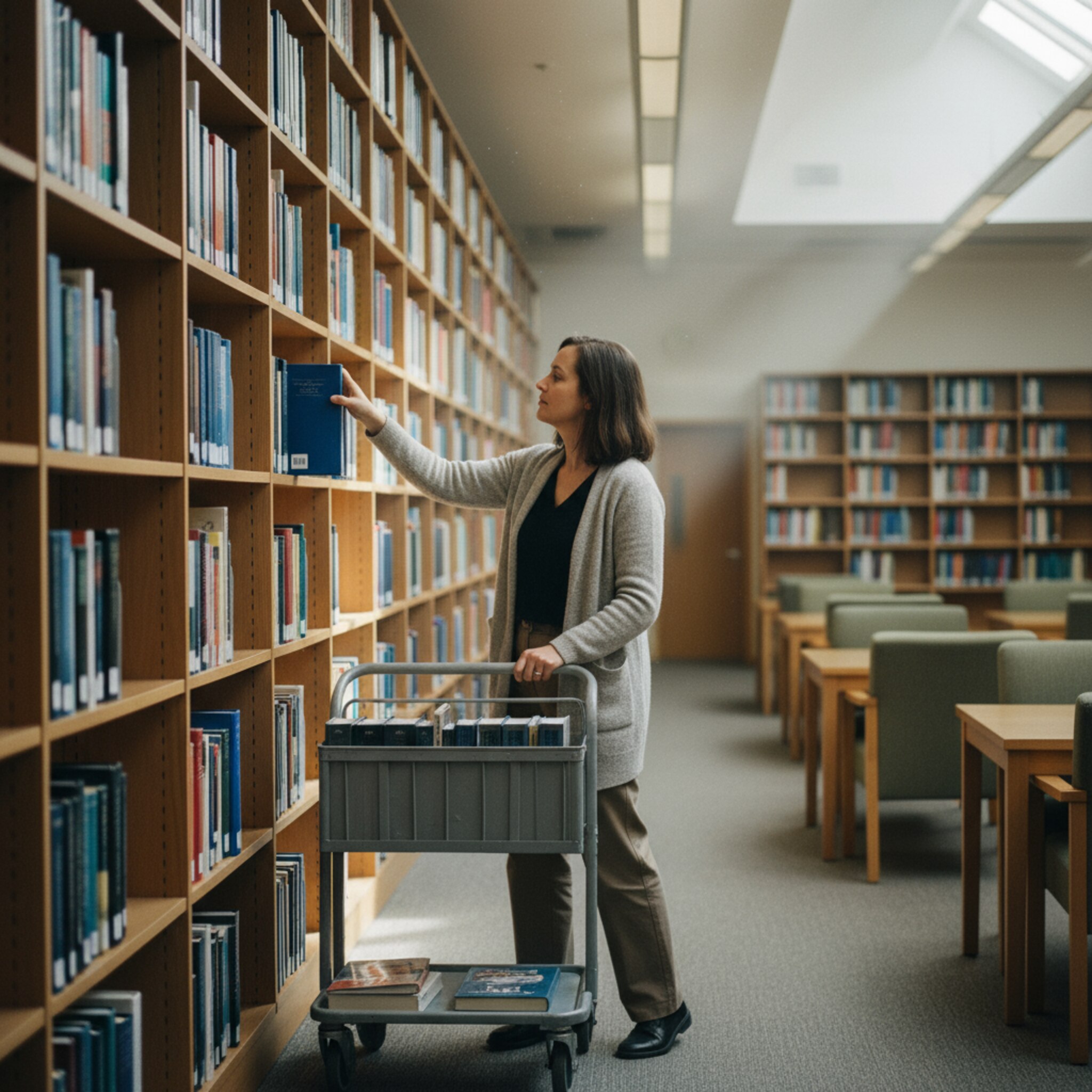Amidst towering shelves, an employee pushes a book cart down the aisle. The hallway is quiet, with dust dancing in the narrow beam of light. A carefully labeled book spine slides into place, and the hand pauses briefly. In the background, a quiet workspace opens up with scattered reading chairs.
