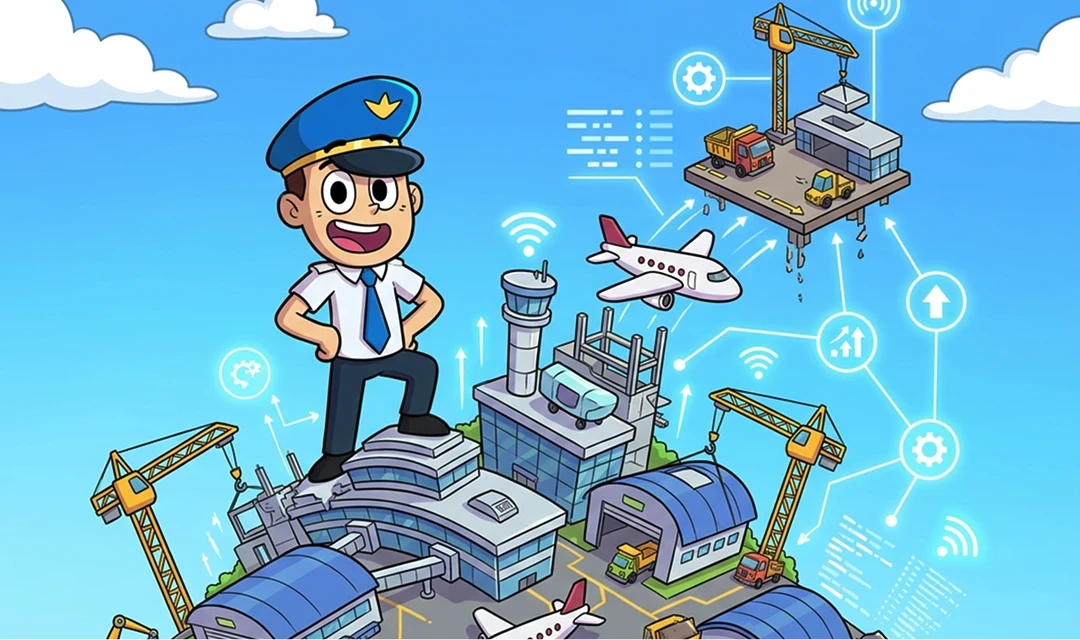 Cartoon pilot choosing between two airport products.