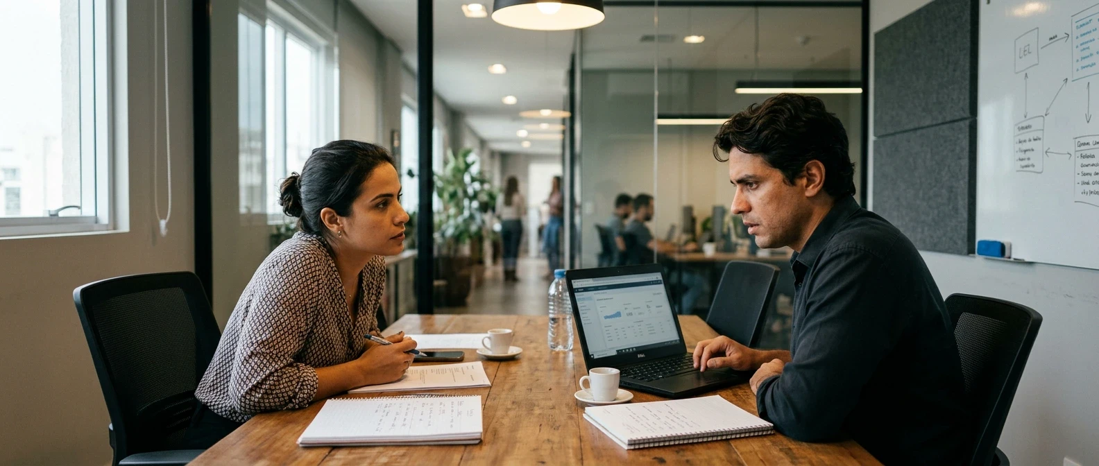 Dois profissionais brasileiros em reunião analisando dados em laptop, discutindo queda de clientes em empresa de Uberlândia