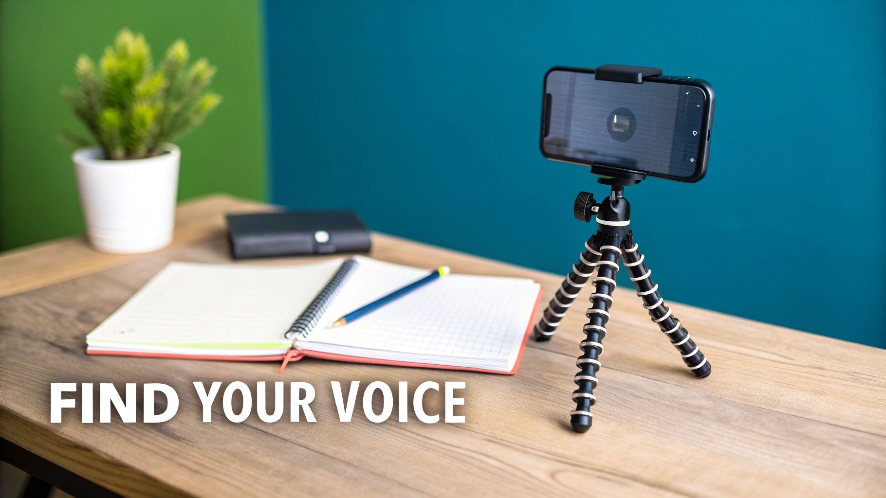 A desk setup with a smartphone on a tripod, an open notebook, and a plant, with 'FIND YOUR VOICE' text.