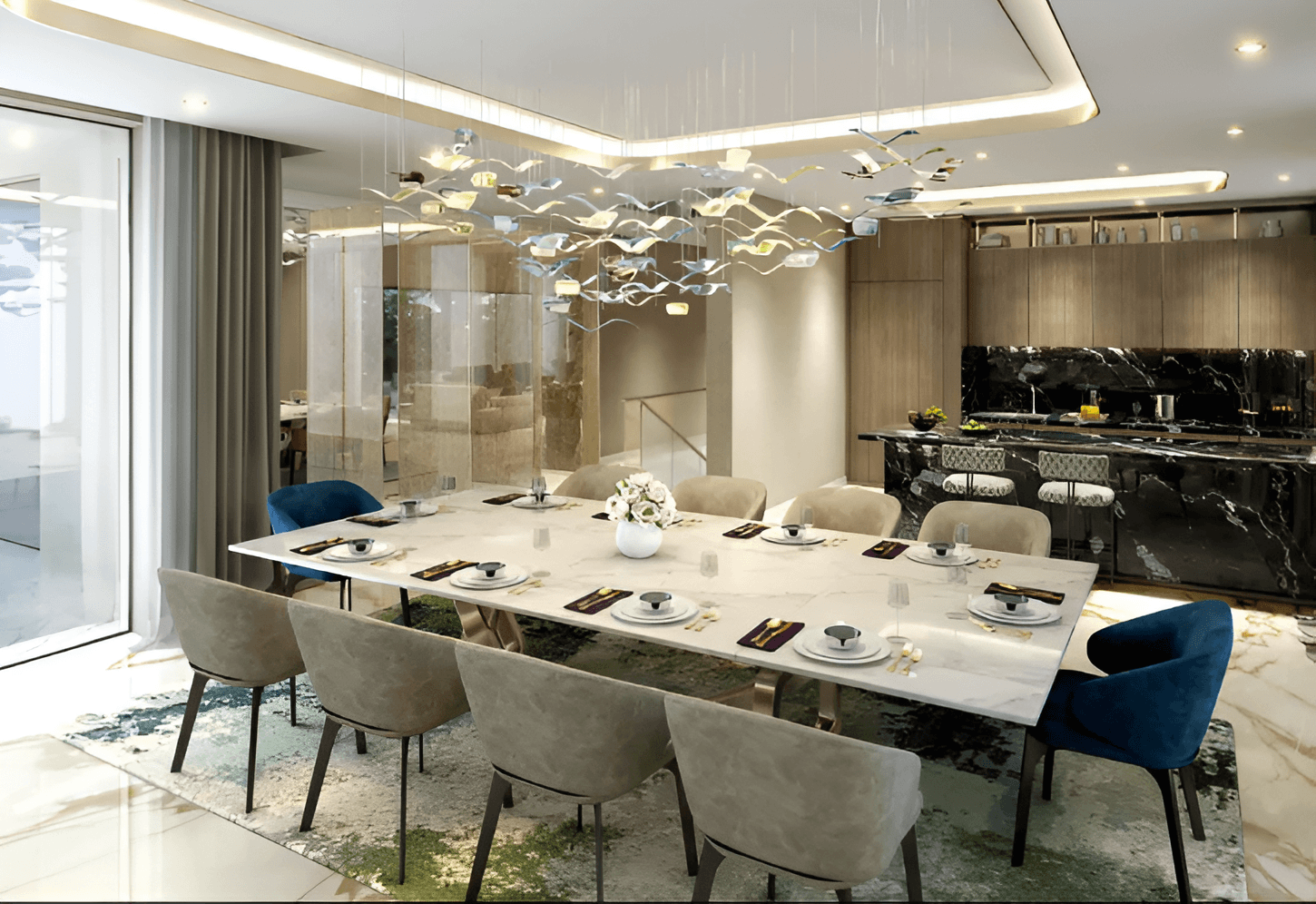 Contemporary living room featuring modern furniture, highlighting a chic and elegant atmosphere in Bahamas DAMAC Properties.