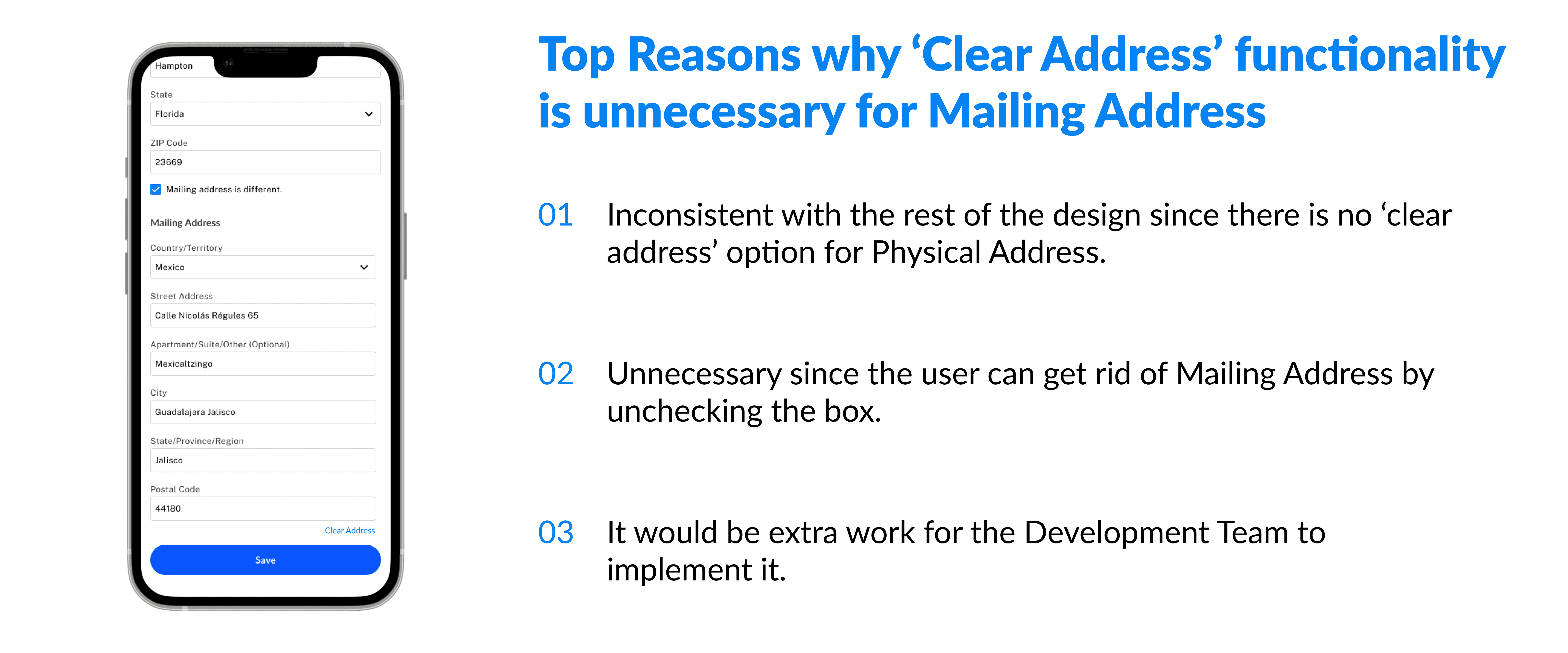 A diagram explaining why adding 'Clear Address' functionality to the Online Mobile Banking app is unnecessary.