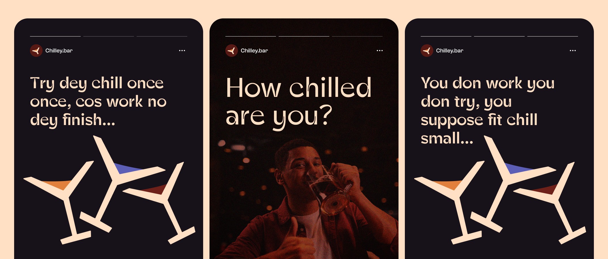 Three smartphone screens displaying social media stories with stylized martini glass icons