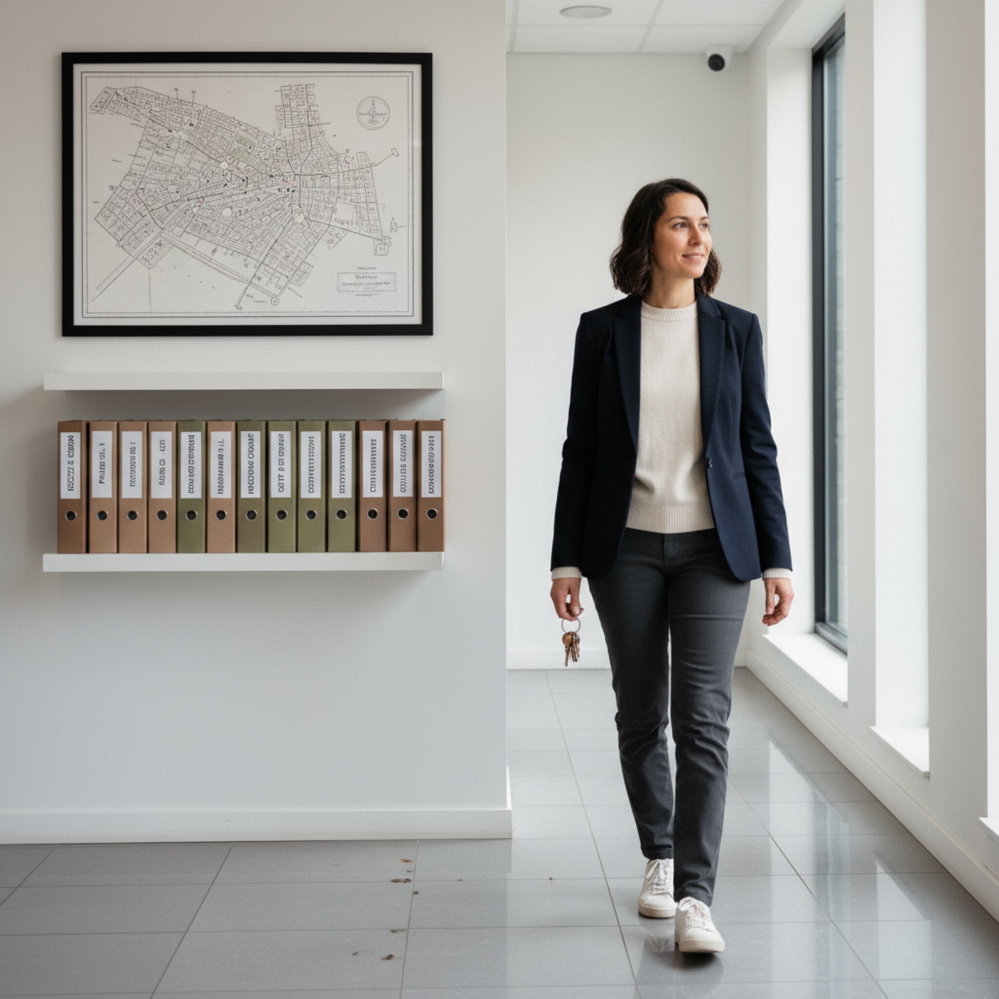 An einer Wand hängt eine große Stadtkarte mit markierten Standorten, daneben ordentlich etikettierte Ordner. Eine Leitungsperson geht den Flur entlang, Schlüsselbund in der Hand. Ruhige, aufgeräumte Atmosphäre signalisiert Struktur. Weiches Licht fällt auf polierte Fliesen.