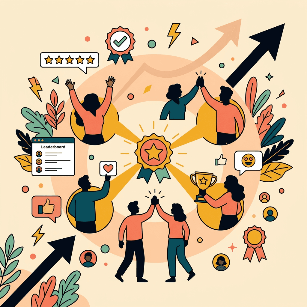 A flat-style vector illustration with a warm beige background showing a diverse team celebrating workplace success. Central medal with a star connects to circular vignettes of colleagues high-fiving, holding a trophy, and cheering. Symbols of growth like upward arrows, leaderboards, five-star ratings, and colorful leaves surround the group.