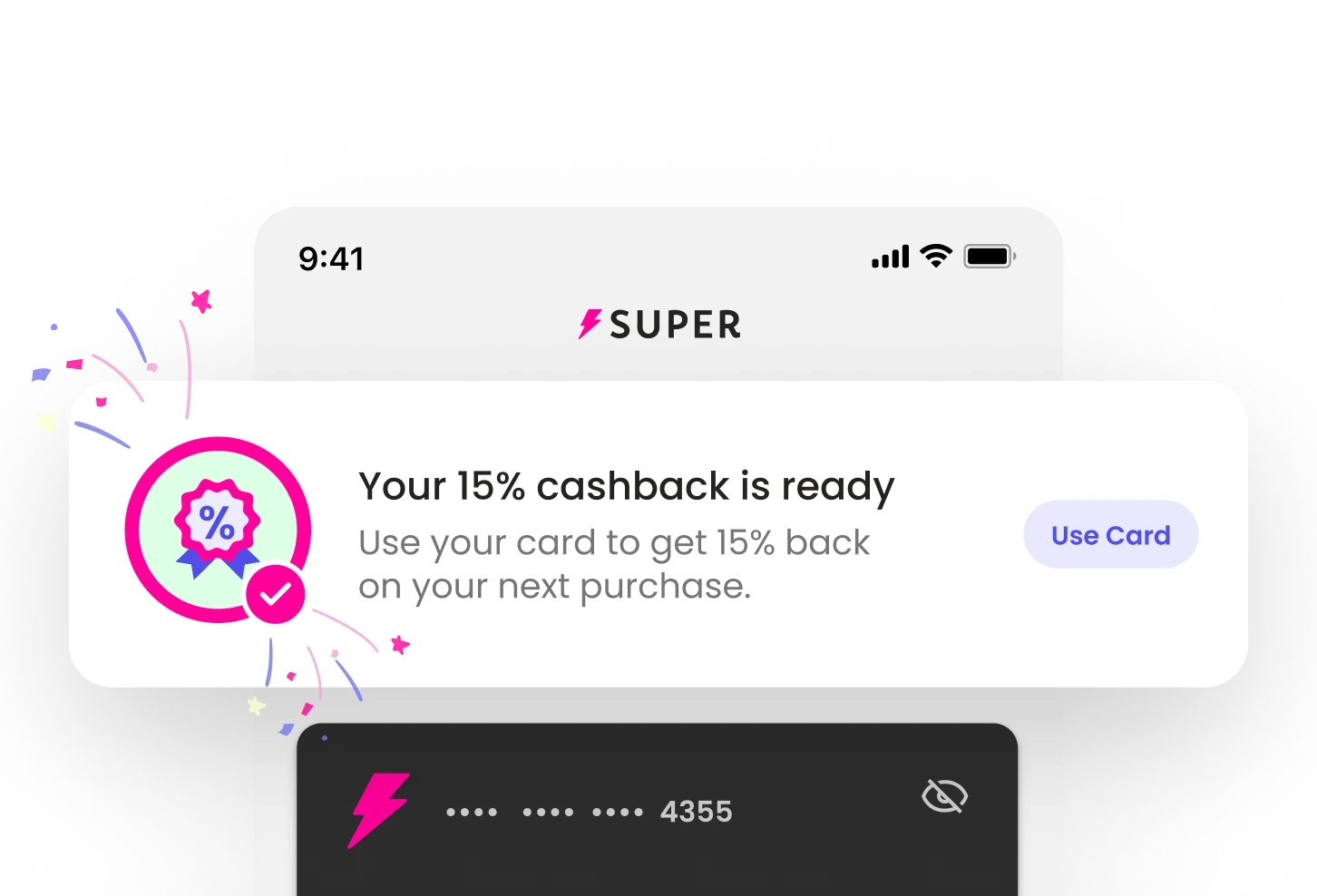 This final image represents the success state. The alt text should capture the sense of achievement and the clear transition to the final action (conversion).  Option 1: Functional & Descriptive "A mobile UI card titled 'Reward ready.' The interface shows a completed reward state with a pink checkmark, colorful confetti illustrations, and a new 'Use Card' primary button, signaling the successful completion of the cashback task.