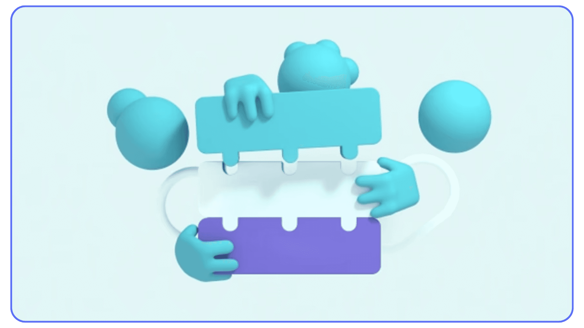 3D blue abstract characters collaborating and connecting puzzle pieces symbolizing teamwork