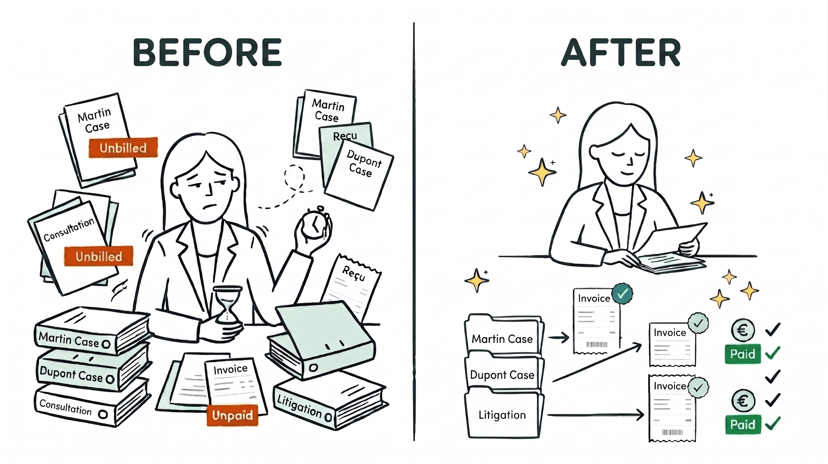 Before and after for a law firm: on the left a lawyer overwhelmed with unbilled cases and unpaid invoices, on the right every case is billed and clients have paid