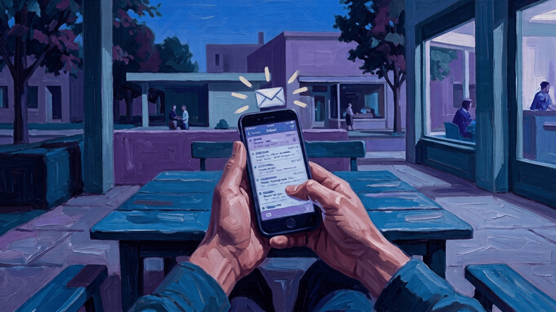A first-person, mid-century oil-painting style illustration of two hands holding a smartphone displaying an inbox, with a glowing envelope icon rising above the screen. The scene is set at dusk in a quiet town square with softly lit storefronts, painted in a moody blue-purple palette evoking Edward Hopper.