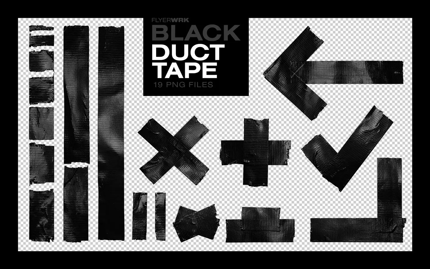 Isolated Adhesive Tape Pieces black duct tape set with various shapes including arrows crosses and strips