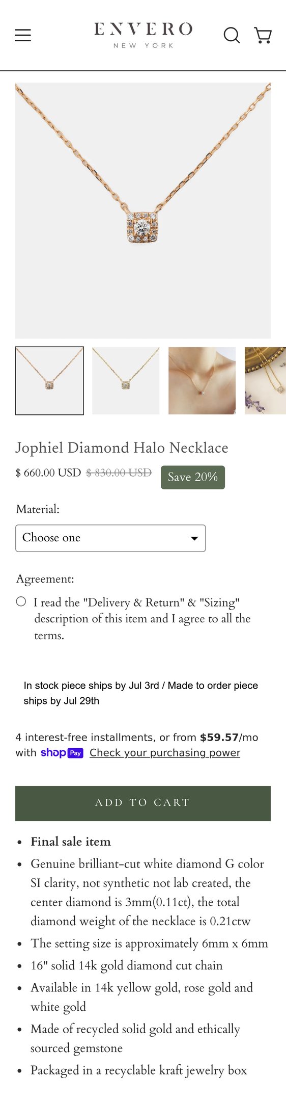 Jewelry product options include: necklace, chain for Jophiel Diamond Halo Necklace from Envero.