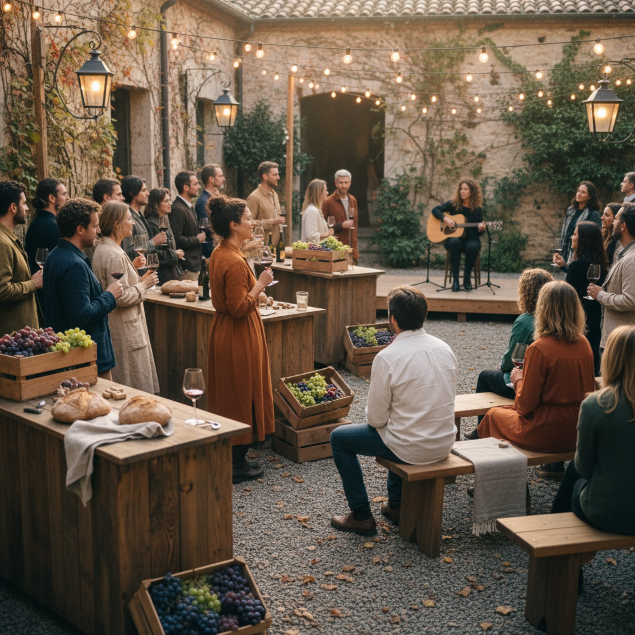 Ein Hofplatz mit Lichterketten, mobile Ausschanktische und Holzbänke. Gäste lachen, halten ein Glas in der Hand und blicken zur improvisierten Bühne. Hinter den Ständen stehen Kisten mit Trauben und Brot. Die Stimmung ist lebendig, warm und entspannt.