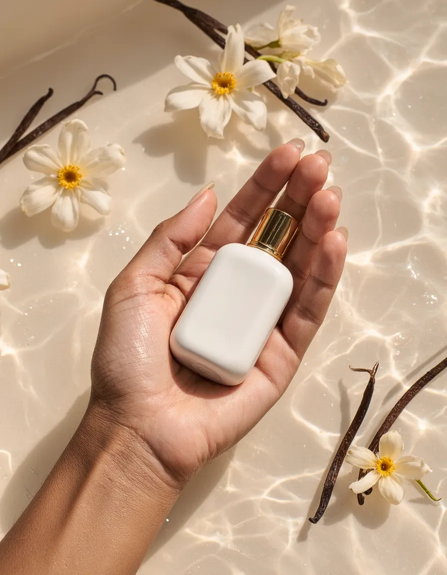 Hand holding elegant white skincare bottle with gold cap, surrounded by vanilla pods and white flowers in sparkling water